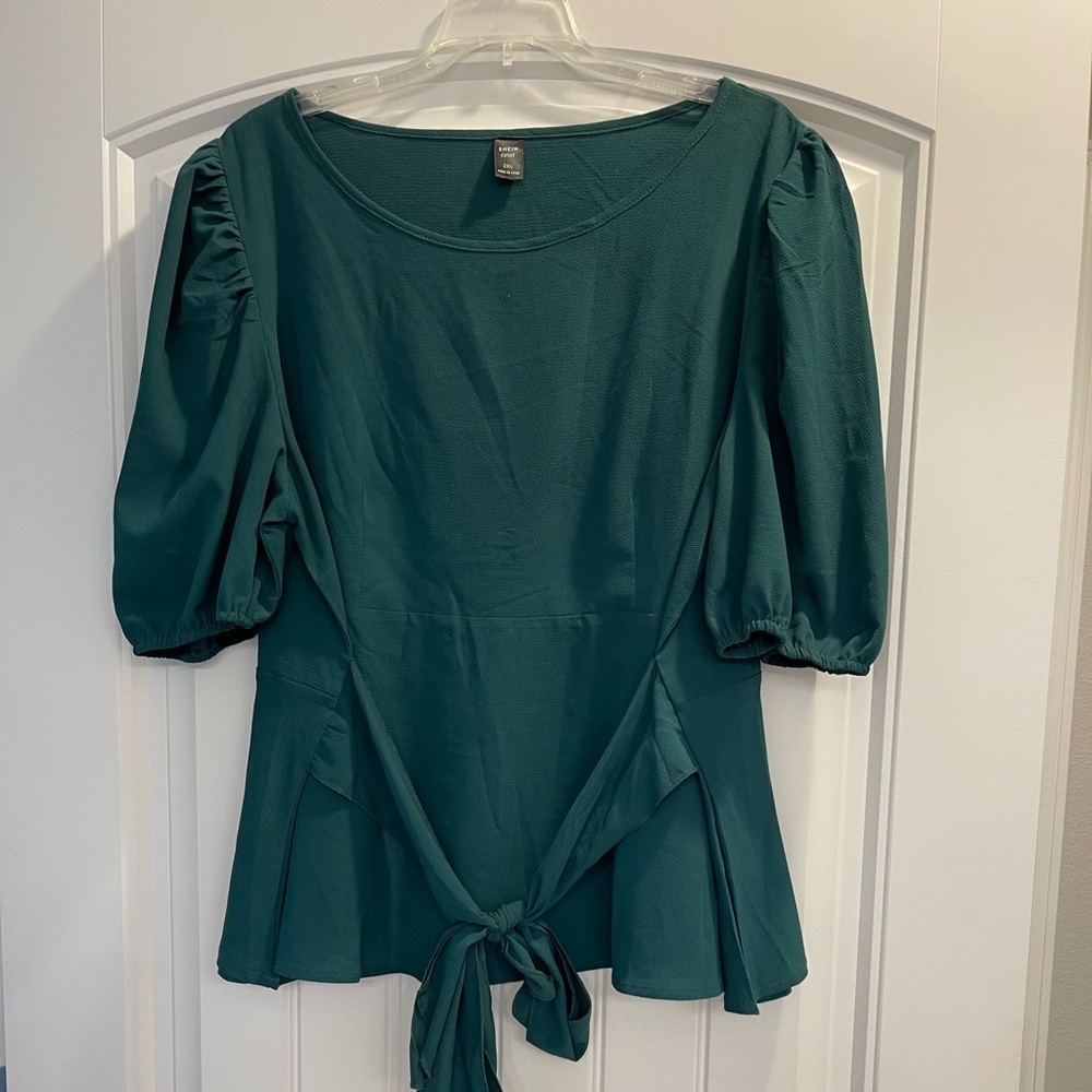 SHEIN Christmas green Belted Blouse wrap tie plus size 2XL